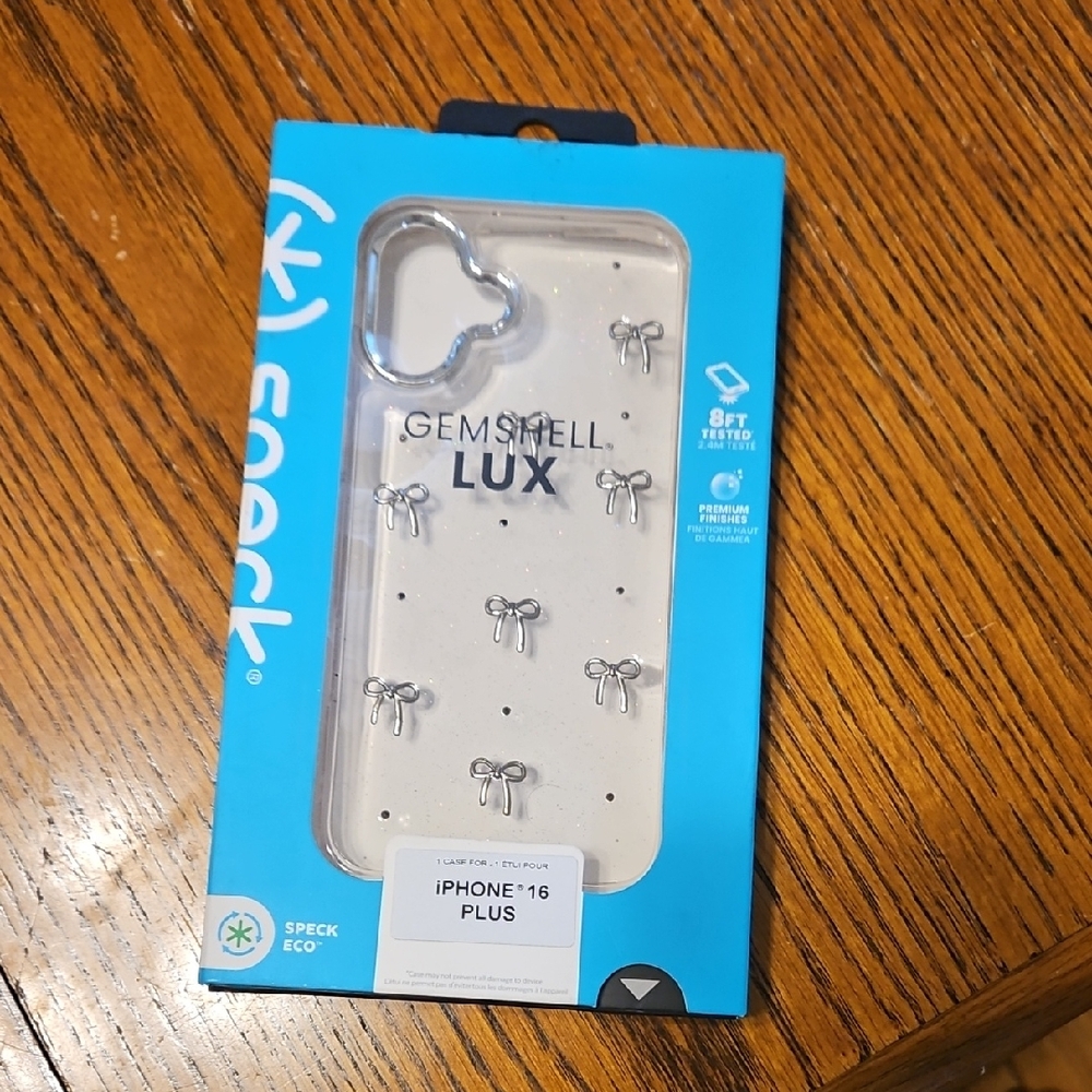 Speck GemShell Lux iPhone 16 Plus Case - Clear with Silver Bow Accents